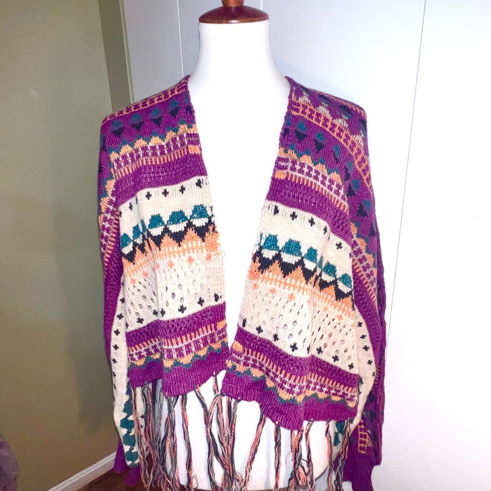 Purple Patterned Fringe Open-Front Women's Sweater